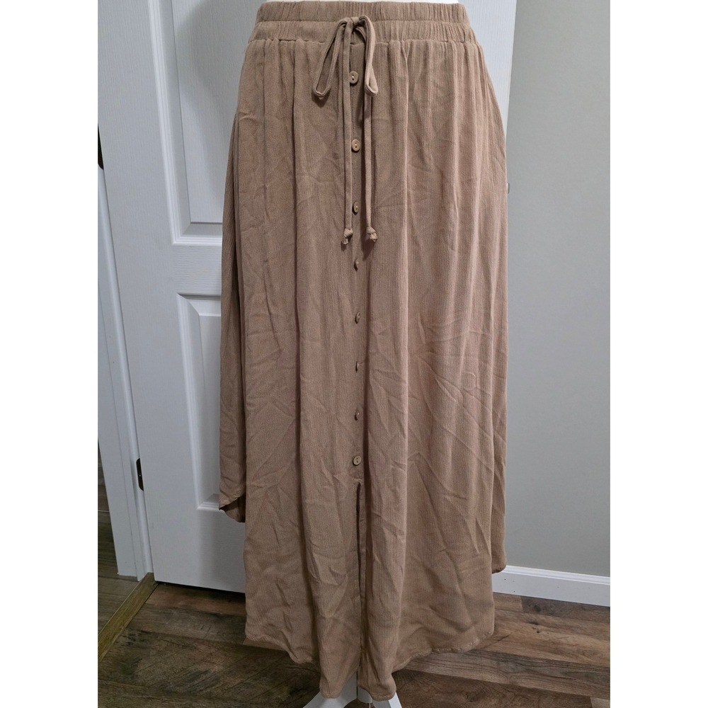 Final Touch Womens Earthy Tan Asymmetric Hem Midi Skirt Sz M Boho Festival Fairy